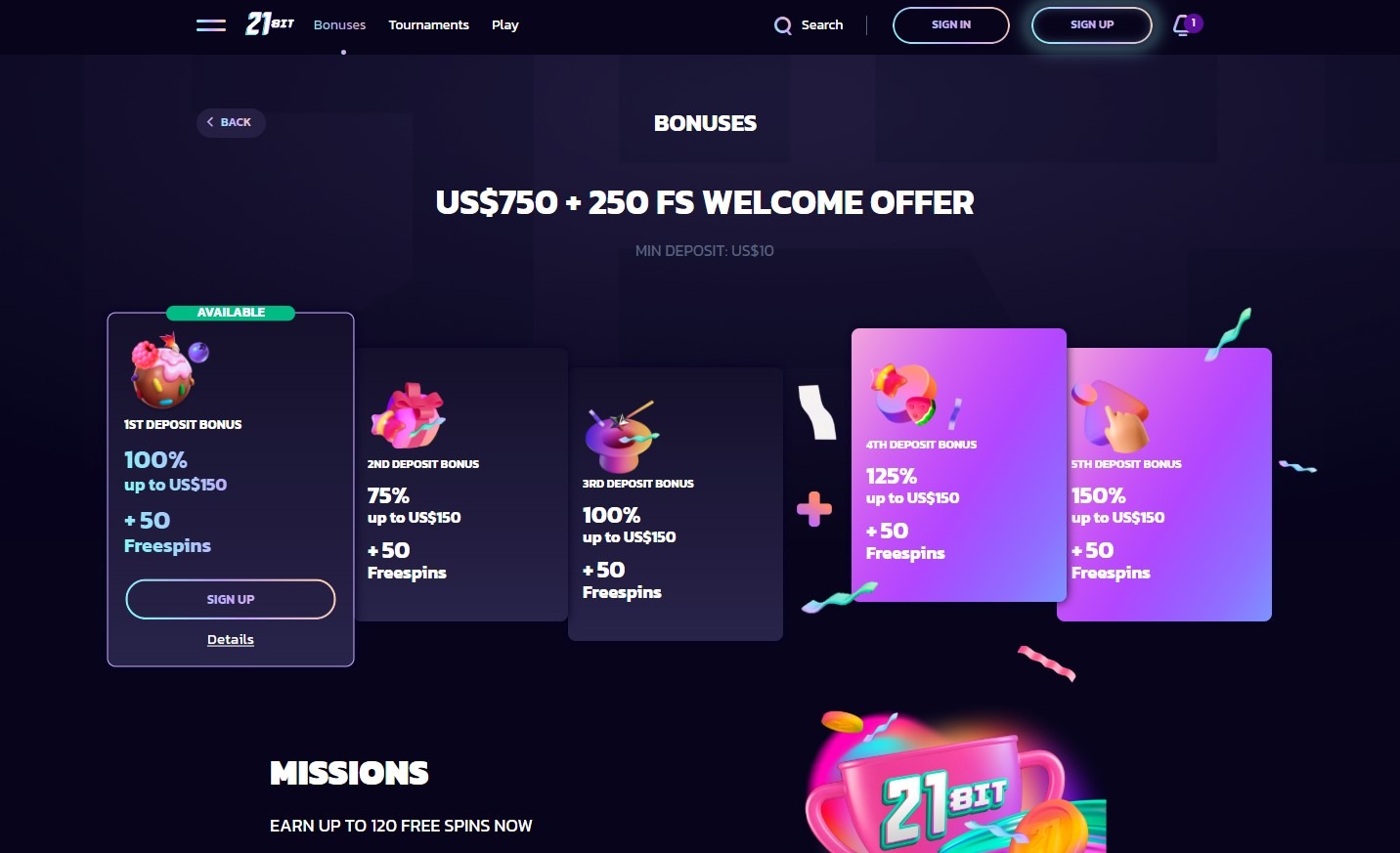 Current Bonuses at 21bit Casino